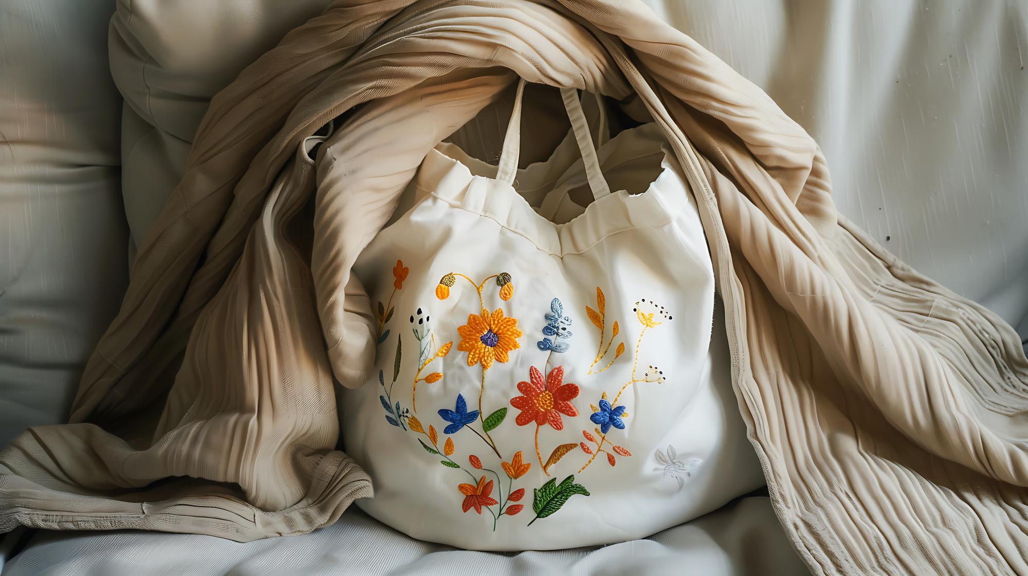 linen tote with embroidered crest